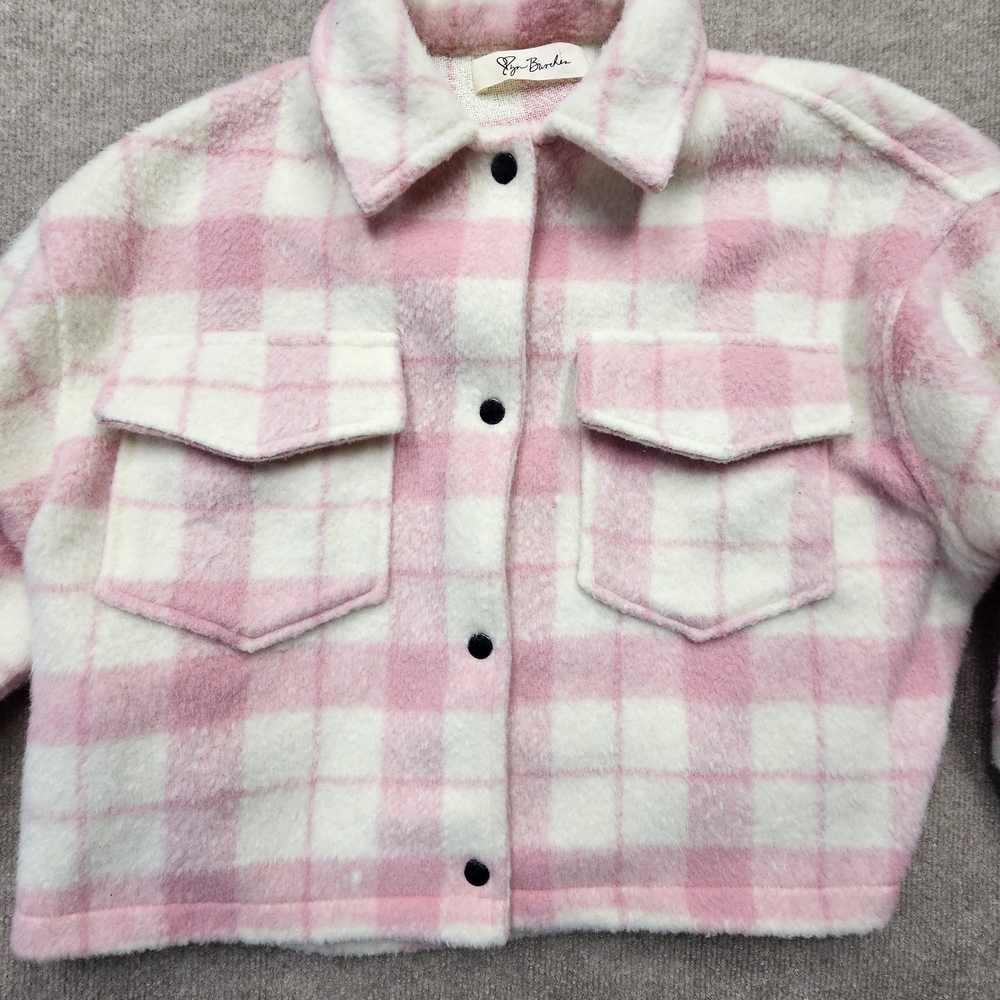 Lyn Burches Pink White Plaid Fuzzy Sherpa Shacket Cropped Boxy Jacket M - Picture 12 of 15